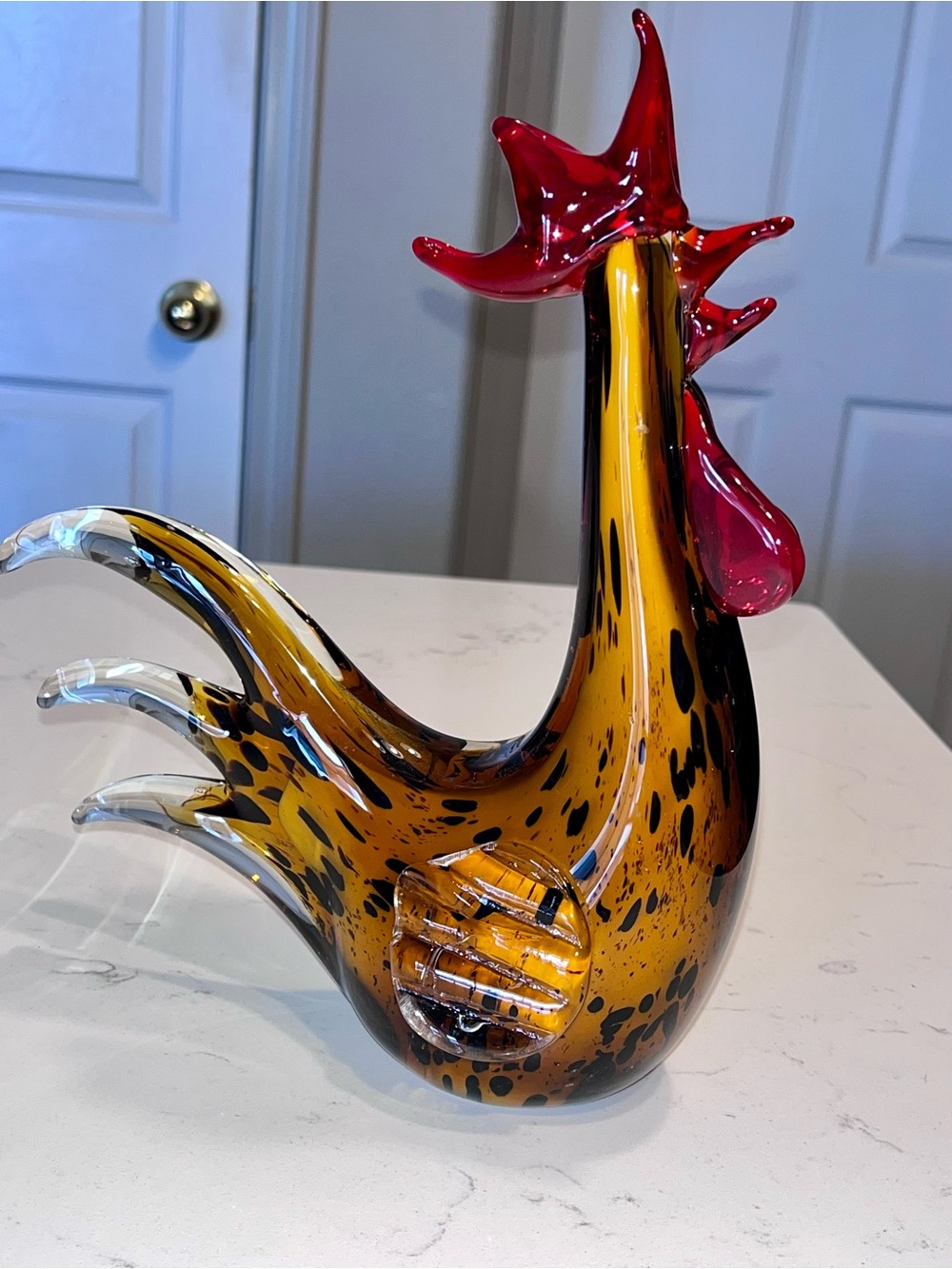 Murano Style Hand Blown Solid Art Glass Tall Chicken Rooster Multicolor 10”